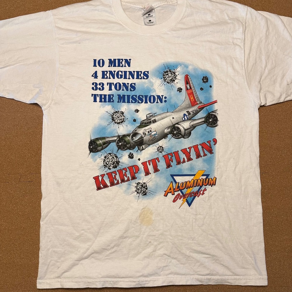 Fruit of the Loom T-Shirt Mens L White Aluminum Overcast B-17 Flying Fortress
